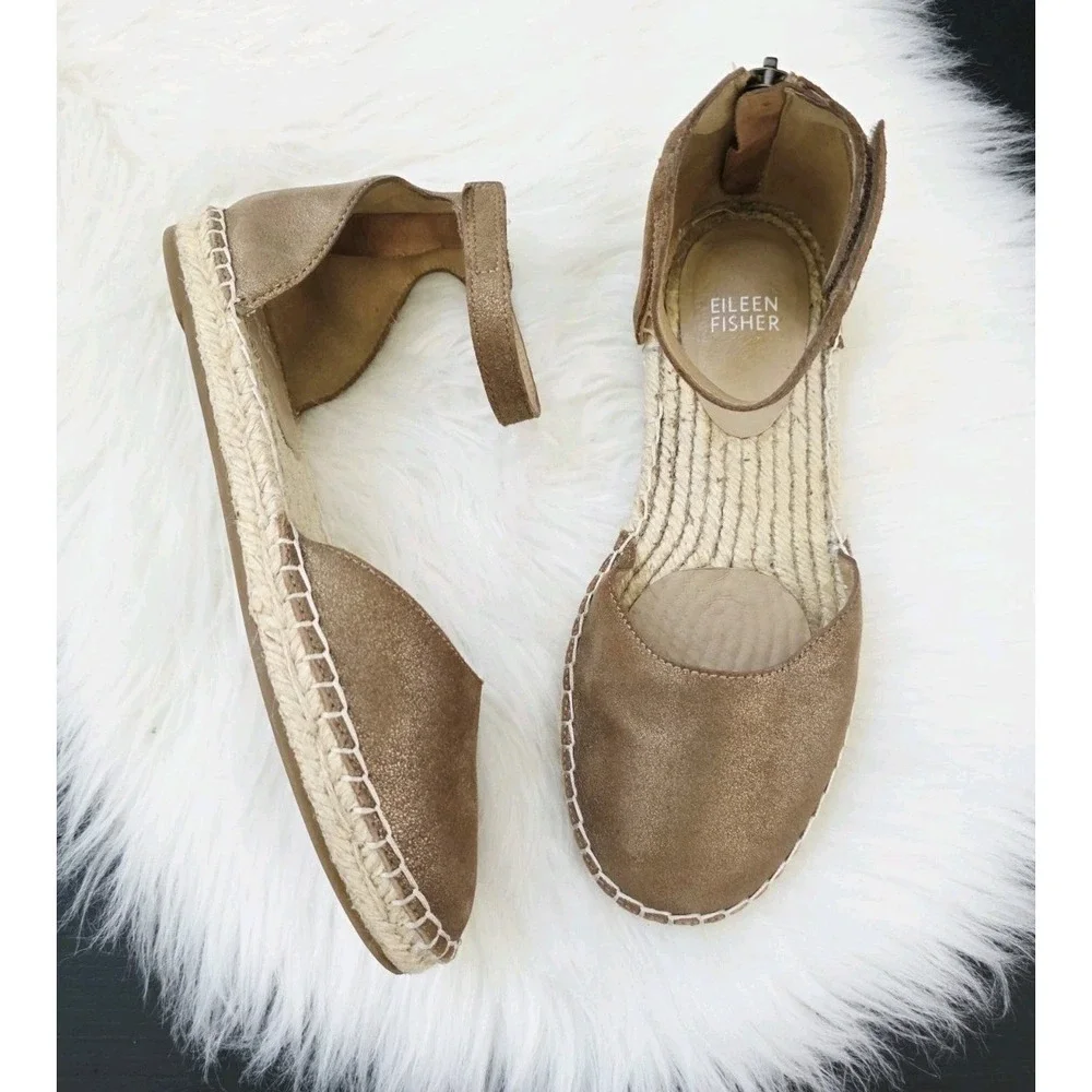 Eileen Fisher Lala Espadrille Women's Size 6.5 Bronze Brown Shimmer Ankle Strap